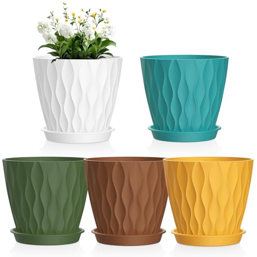 Meowell 6 inch Plant Pots, 5Pack Water Ripple Flower Pots for Indoor Outdoor Plants, Plastic Planters with Drainage Holes and Saucers, Nursery Pots for Small Succulent Garden House Plants, Multicolor - color: Colorful, size: 6 in 5pcs