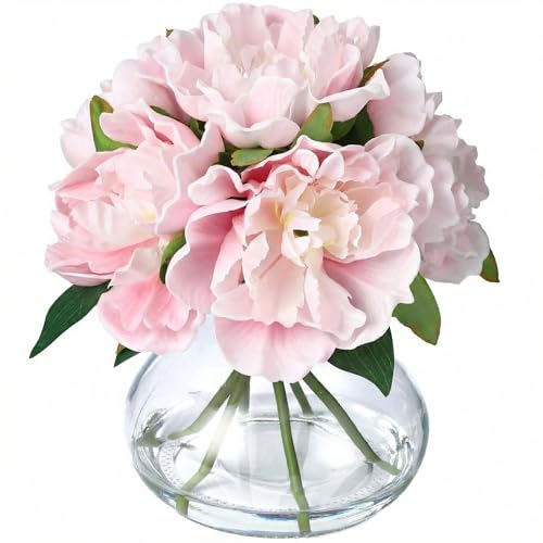 Garvee Pink Peonies Artificial Flowers with Glass Vase, Silk Faux Peony Flower Arrangement with Faux Water, Fake Flowers in Vase for Table Centerpieces, Shelf Bathroom Decor, Home & Wedding Decoration - color: Pink Peony