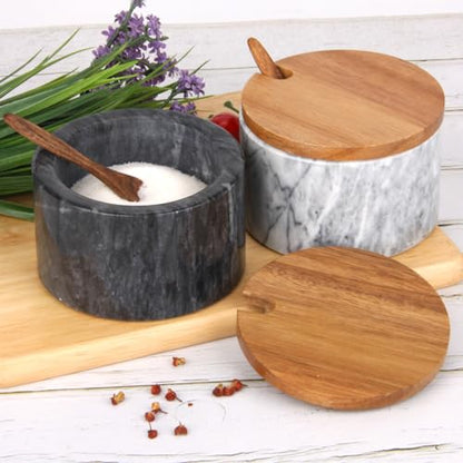 Marble Salt Cellar Box with Wood Lid & Spoon, Light Grey Bowl | Modern White Stone, Pepper Sugar Spice Seasoning Container, Jar Holder Well Keeper Dish Pig Crock, For Kitchen