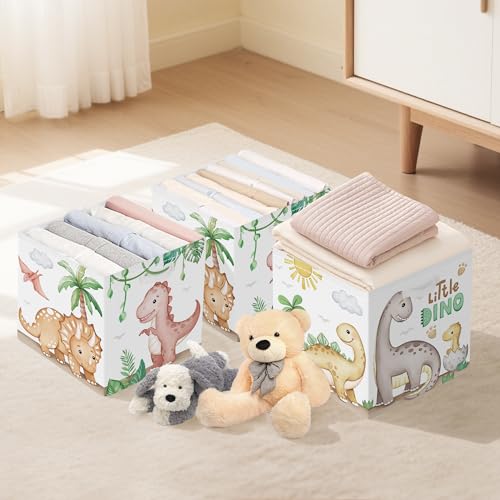 Clastyle 11.8" Dinosaur Storage Basket Set of 3 for Kid Boy Toy Clothes Bin | Collapsible Fabric Book Bin, Metal Frame Bottom Board, Cube Organizer, Closet Nursery Pantry Shelf Bedroom, Boho Brown Dino - color: Brown