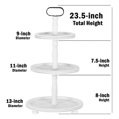 Urban Deco Wooden Tiered Tray 3-Tier Decorative Tray Stand Farmhouse Serving Tray, Round Wooden Cupcake Display Stand with Metal Handle, White Tiered Fruits Tray for Home Party Decorations - style: 3 tier-white