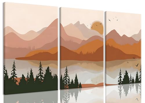 Bwodke Orange Mountain Canvas Wall Art Set of 3, 12x16 inch | Boho Watercolor Wall Decor, Orange Mountain Sun Forest Prints, Living Room Bedroom Office Art - color: Mountains Orange Canvas, size: 12"x16"