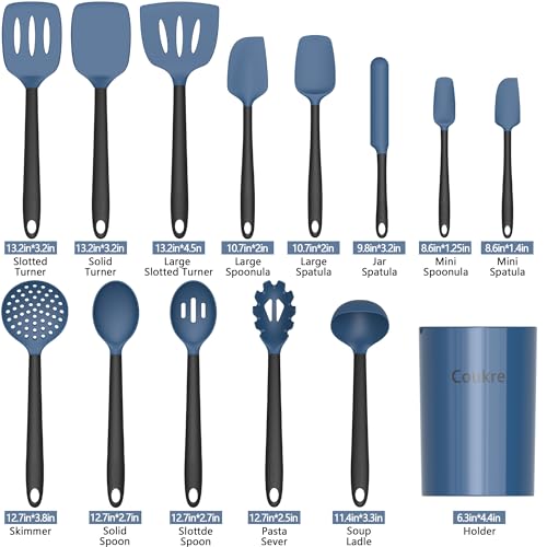 Coukre Silicone Kitchen Cooking Utensils Set, Heat Resistant, 14-Piece | Dishwasher-Safe, Food-Grade Silicone, BPA-Free, Spatulas, Spoons & Turner, Safe for Nonstick Cookware, DarkBlue - color: DarkBlue