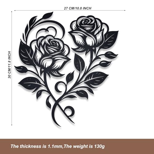 zepongLN Metal Rose Heart Wall Decor, Black, 12x10 Inches | Floral Wall Sculpture, Elegant Metal Flower Design, For Living Room, Bedroom, Dining Room