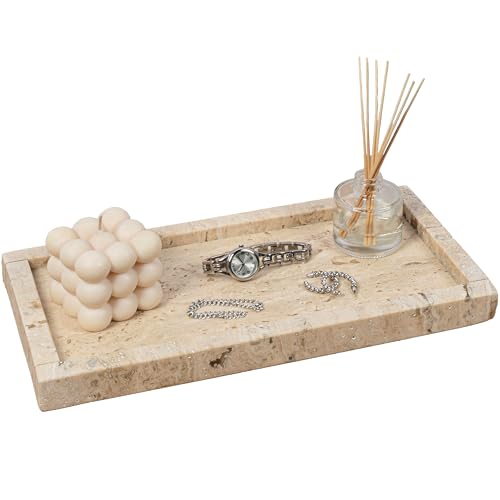 happimess Luxe Stone Rectangular Bathroom Tray 12" x 6", Travertine Marble | Polished Classic Minimalist Storage Decor, Display Coffee Table Serving Platter, Waterproof Scratch-Resistant - color: Travertine Marble