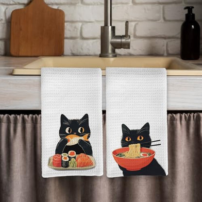 Funny Black Cat Kitchen Towels Set of 2, Cat Mom Lady Gifts for Women Hand Towels, Funny Black Kitty Decorative Dish Tea Towels for Kitchen Decor, Pet Lover Gifts, 16X24In
