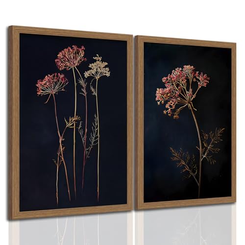 2Pcs Framed Vintage Moody Botanical Wall Art Dark Dried Flower Minimalist with Paintings Rustic Floral Poster Picture Prints Decor for Farmhouse Living Roomor Bedroom 12X16in - color: Elegant Flower, size: 12x16 Inches