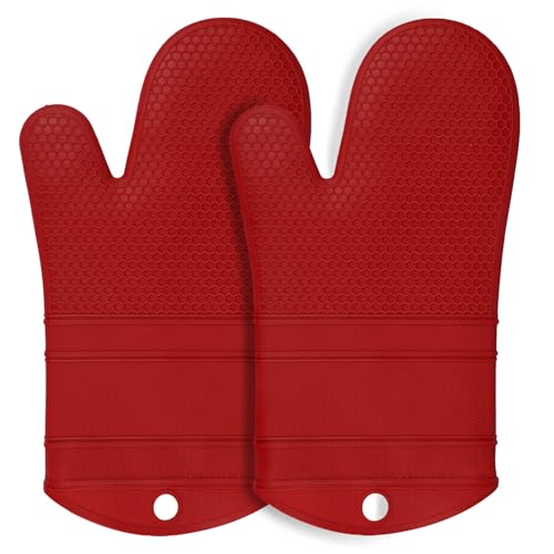 YUTAT Silicone Oven Mitts,Heat Resistant 2PCS Oven Mitts with Soft Polyester Filling,Kitchen Potholder Set - Perfect for BBQ, Baking and Cooking,RED,2 Pcs Set - color: Red-honeycomb Surface, size: 13“L x 7"W-2 Piece