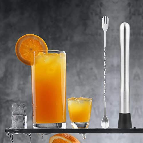 tifanso 2PCS 10" Stainless Steel Cocktail Muddler & Mixing Spoon for Bar | Long Handle Design, Ideal for Mojitos & Fruit Drinks, Sturdy & Rust Proof, Essential Bar Tools for Home & Professional Use