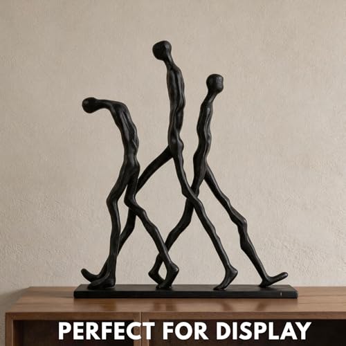 Abstract Three Figures Sculpture Cast Iron – Giacometti Style Walking Trio Statue, Modern Art Home Decor, Minimalist Human Figure Figurine for Living Room Office Shelf – Friendship Brotherhood Gift - style: Three walking man