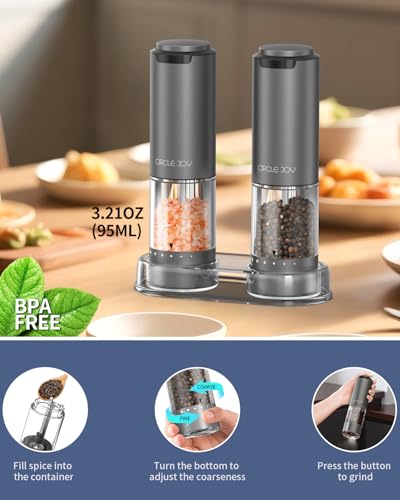 CIRCLE JOY Rechargeable Electric Salt and Pepper Grinder Set with Base, Aluminum Alloy Pepper Mills with 95ml Container, White LED Light and External Adjustable Coarseness, Space Grey - color: Rechargeable Aluminum Set with Base