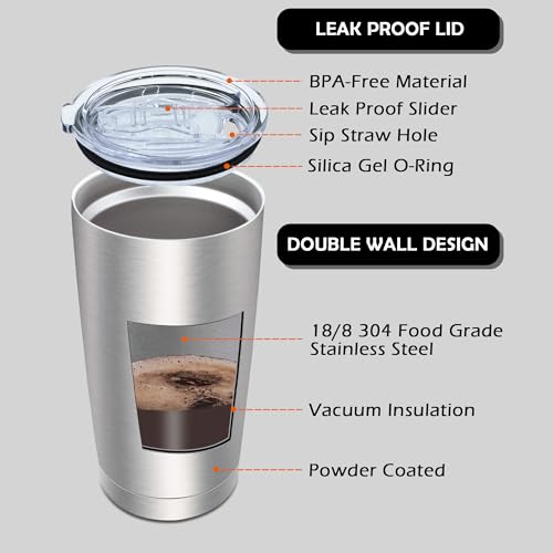 AIANJI 20oz Tumbler with Lid Stainless Steel Tumblers Insulated Mug SS 12P - color: Stainless Steel