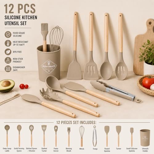 Caboh Silicone Kitchen Utensil Set 12 PCS – Heat Resistant Cooking Tools with Spatula, Serving Spoon, Tongs, Whisk & Holder, Nonstick Safe BPA-Free Kitchen Accessories Set (Khaki) - color: Khaki