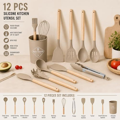 Caboh Silicone Kitchen Utensil Set 12 PCS – Heat Resistant Cooking Tools with Spatula, Serving Spoon, Tongs, Whisk & Holder, Nonstick Safe BPA-Free Kitchen Accessories Set (Khaki) - color: Khaki
