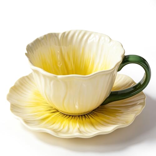 Decorative Ceramic Flower Coffee Cup Set, 5.5 Inch, Peony Floral Design, Serving Dish for Desserts and Fruits, Elegant Tableware (Yellow) - color: Yellow