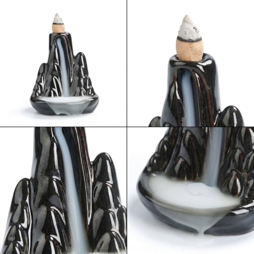Handmade Ceramic Backflow Incense Holder - Waterfall Incense Burner Ornament, Mountain Design Aromatherapy Fountain for Home Decor, Yoga, Meditation & Office, Unique Zen Gifts (Black)