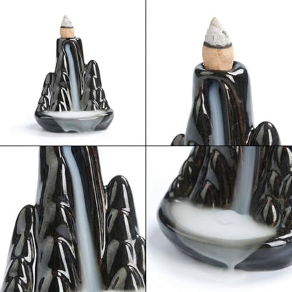 Handmade Ceramic Backflow Incense Holder - Waterfall Incense Burner Ornament, Mountain Design Aromatherapy Fountain for Home Decor, Yoga, Meditation & Office, Unique Zen Gifts (Black)
