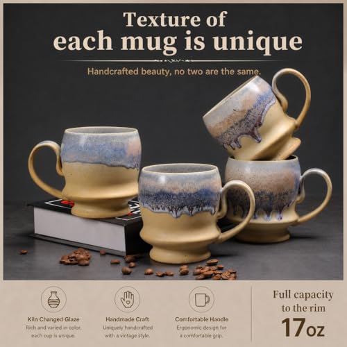 17oz Big Unique Handmade Pottery Coffee Mug with Comfortable Big handle, Reactive Glaze Ceramic Coffee Mug, Artisanal Stoneware Tea Mug,Lead-free Clay, Microwave and Dishwasher safe (White and Blue) - color: White and Blue