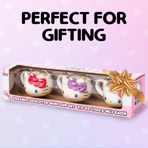 Silver Buffalo Sanrio Hello Kitty Bows, 3D Sculpted Mini Cup Set, 3.5oz | Different Color, Pack, Ceramic, Milk, Includes Handles, Perfect as a Sugar, Cream, 0.1 Liters - color: Hello Kitty With Handle