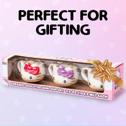 Silver Buffalo Sanrio Hello Kitty Bows, 3D Sculpted Mini Cup Set, 3.5oz | Different Color, Pack, Ceramic, Milk, Includes Handles, Perfect as a Sugar, Cream, 0.1 Liters - color: Hello Kitty With Handle
