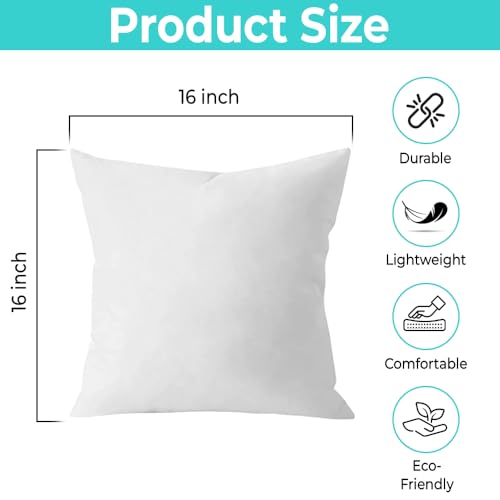 QUBA LINEN Throw Pillow Inserts (Set of 2, White), 16x16 Inches - Premium Cushion Fillers for Sofa, Bed, and Home Décor (16x16 Inch (Pack of 2)) - size: 16x16 Inch (Pack of 2)