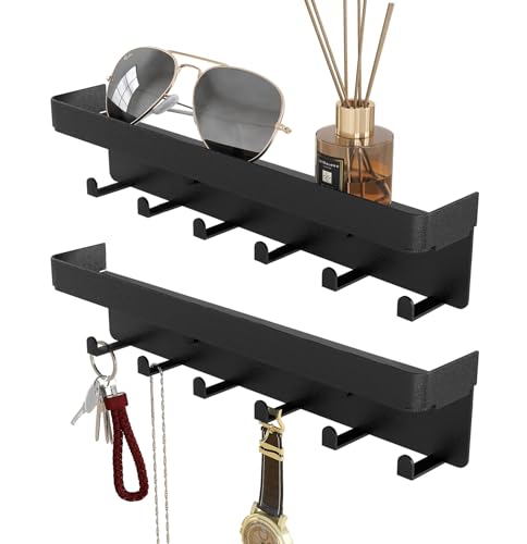 2 Pcs Wall Key Holder Rustic Key & Mail Organizer Adhesive Key Hooks, Black | Small Key Rack with Tray 6 Key Hooks Hanger Wall Mount for Entryway Hallway Living Room Decor, Metal - color: Black-2