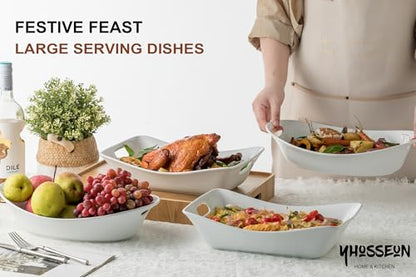 YHOSSEUN Large Serving Bowls with Handles, Serving Dishes For Entertaining | White Serving Dishes, 1.5 Quarts Ceramic Bowl Set Rectangle Serving Platter for Thanksgiving, Set of 2 - style: Rectangle