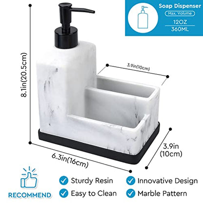 Dish Soap Dispenser with Sponge Holder,White Marble Look Liquid Hand and Dish Soap Dispenser and Spong Caddy with Brush Holder 3 in 1 Countertop Organizer for Kitchen Sink and Bathroom,White - color: White Marble Look