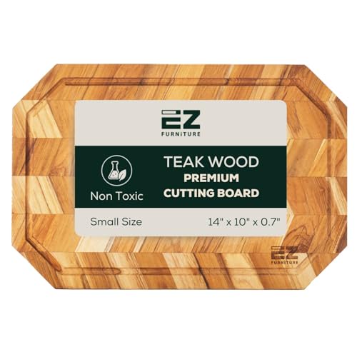 EZ FURNITURE Small (S) Teak Edge Grain Cutting Board, Reversible, Knife-Friendly Charcuterie Wood Cutting Board, Juice Groove & Handles, Non-Toxic, Gift Box Included (Herringbone, 14" x 10" x 0.7") - color: S - Octagon, size: 14"L x 10"W
