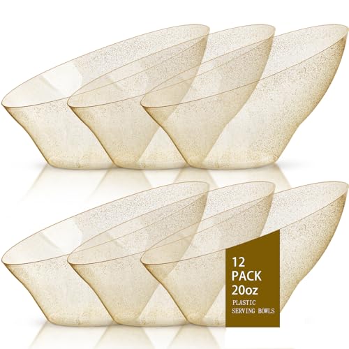 bUCLA 12 Pack Gold Glitter Plastic Serving Bowls - 20 OZ Disposable Snack, Fruit, Chip, Candy Angled Serving Bowls for Party & Thanksgiving - color: Gold Glitter, size: 20oz