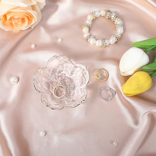 Ouligay Small Cute Jewelry Dish Tray Flower Jewelry Ring Dish Trinket Tray Ring Holder for Women Glass Jewelry Plate Dish with Gilt-Edged Blossom Design Gift for Wife Mom Daughter(Transparent) - color: Transparent