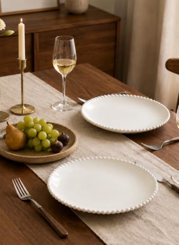 10.5 Inch Porcelain White Large Beaded Dinner Plates Set of 8 | Round Shape,Appetizer Plate,Ceramic,Dinnerware Serving,Salad,Pancakes,Steak,Pasta,Microwave, Dishwasher,Oven Safe - size: 10.5 Inch - 8P
