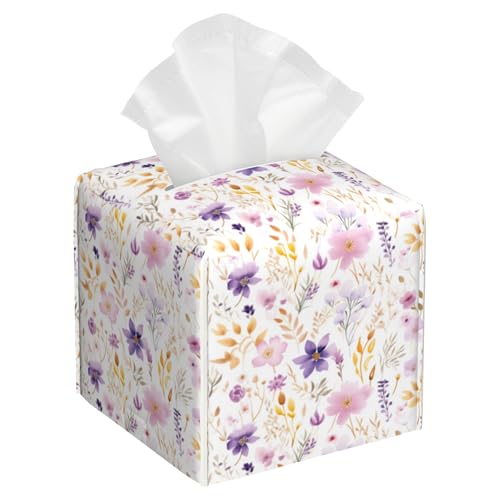 Purple Floral Botanic Tissue Box Cover Square,Watercolor Wildflower and Leaves Leather Tissue Box Holder Decorative Facial Cube Paper Cover Case Organizer for Bathroom Night Stands Desk Home - color: Color3