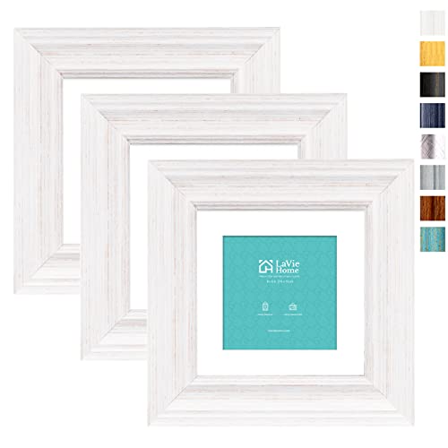 6x6 Picture Frames (3 Pack, Distressed White) with Mat for 4x4 Photos Rustic Wood Grain Photo Frame with High Definition Glass for Wall Mount & Table Top Display, Set of 3 Square Frame - color: Distressed White, size: 6x6
