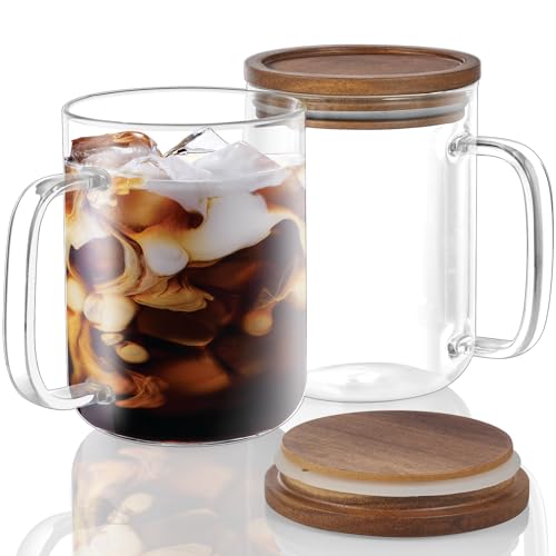 DRASTAR Glass Coffee Mugs, 20 oz Clear Coffee Cups, Coffee Mug with Acacia Wood Lid, Tea Glass Cups with Handles, Large Coffee Mug Set of 2, Glass Coffee Cups for Latte, Espresso, Tea - size: 20 oz