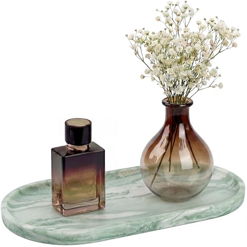 YKAJO Botanical Green Oval Marble Tray, 11.8x5.9 Vanity Perfume Organizer | Honed natural stone; jewelry & trinket dish, ring & key holder, soap & candle catchall; bath counter, dresser, coffee table - color: Botanical Green, size: 11.8" x 5.9" x 0.6"