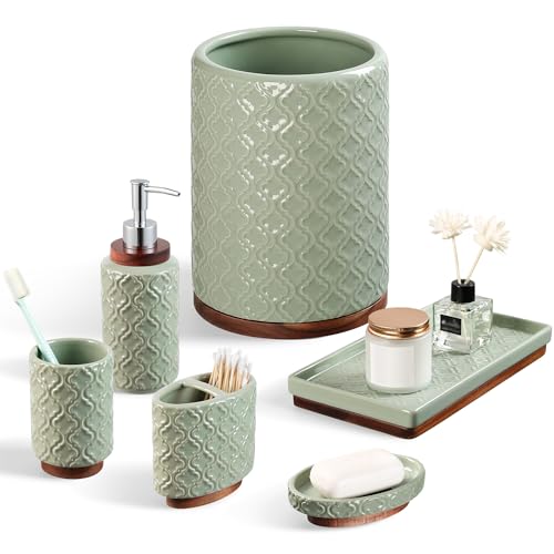 RQYIXI Ceramic 6-Piece Bathroom Accessories Set,Sage Green,with Trash Can | ceramic and wood embossed design with Trash Can modern countertop organization - color: Green, size: Embossed Textured-6-Piece
