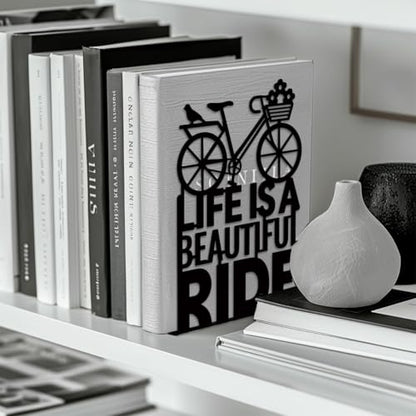 5.3"x4.3"x7.9" Metal Bookends, Heavy Duty Book Ends for Shelves | Bicycle Theme Cast Iron Book Supports, 1 Pair Decor Stoppers for Desk, Library, Office & Home Shelves - style: Bicycle