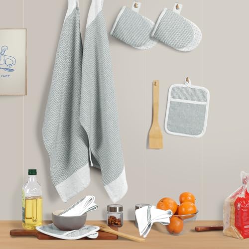 Casa Platino 8-Piece Mini Oven Mitt & Pot Holder Set – 500°F Heat Resistant with Silicone Grip, Includes 2 Kitchen Towels & 2 Dish Cloths for Drying – Non-Slip, Durable, Machine Washable – Grey - color: 05: Oven Mitts - Grey, size: Oven Mitt Set - 8 Pack
