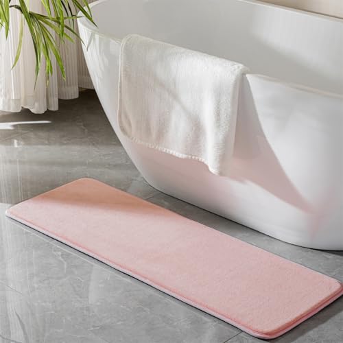 Narrow Bath Mat Long Pink Skinny Memory Foam Bathroom Runner Rug Non Slip | Washable Soft Microfiber Bathroom Carpet Absorbent Bathrug for Tub,16" x 47" - color: Pink, size: 16" x 47" (Runner)