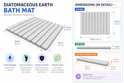 Diatomite Stone Bath Mat, Quick Drying, Foldable, Non Slip, 24x15.8", Grey