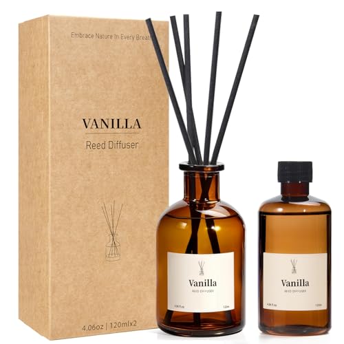 Reed Diffuser Set, 8.12 fl.oz Vanilla Oil Diffuser with 10 Sticks, Home Fragrance Reed Diffuser for Bathroom Shelf Decor & Air Fresheners, Up to 120 Days, 2 Pack - color: Vanilla