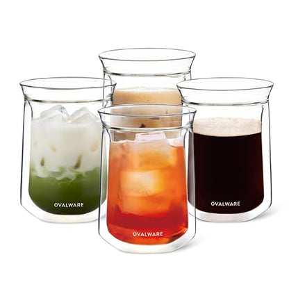 ovalware Double Wall Single Lip Insulated Glass Cup, Set of 4 (12oz / 350ml) - Borosilicate Glass For Coffee, Tea, Whiskey, Cocktails & All Beverages - Minimalistic & Durable Double-Wall Drinking Mug - size: Set of 4