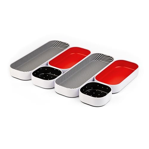 Three by Three Seattle Metal Drawer Organizer Tray Set, 6-Pc, 1" (Red) | Colorful food-safe metal bins; soft non-scratch base; kitchen, bathroom, vanity, desk, makeup & office drawers - color: Red, Stripes, Dots, size: 6 Pack