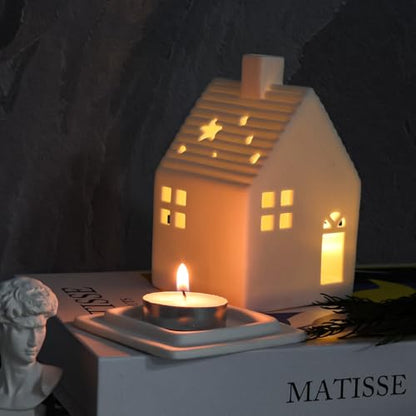 Tea Light House Ceramic White Removable Light House Made of Two Parts for LED Tea Light
