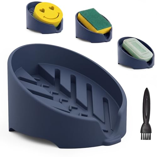 NiHome Silicone Sponge Holder for Kitchen Sink, Fits Scrub Daddy Mommy | Self-Draining Dispenser Organizer Tray, Sink Caddy Countertop Fits Soaps, Scrubber, Dishwasher Safe, Includes Brush - color: Dark Blue