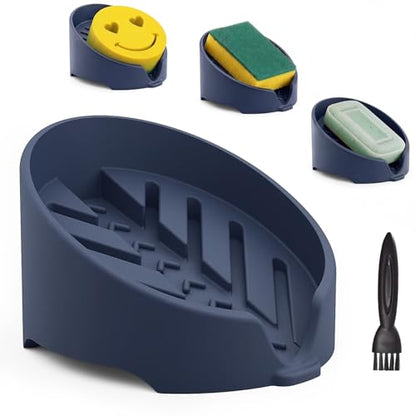NiHome Silicone Sponge Holder for Kitchen Sink, Fits Scrub Daddy Mommy | Self-Draining Dispenser Organizer Tray, Sink Caddy Countertop Fits Soaps, Scrubber, Dishwasher Safe, Includes Brush - color: Dark Blue