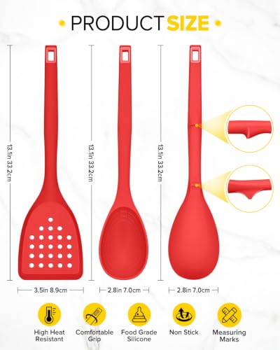 Pack of 4 Silicone Cooking Utensils Set, Non Stick Solid Spatulas and Heat Resistant Slotted Spoons with Back Hooks, Ideal BPA Free Kitchen Utensils Set for Frying,Serving,Turning,Stirring (RED) - color: Red