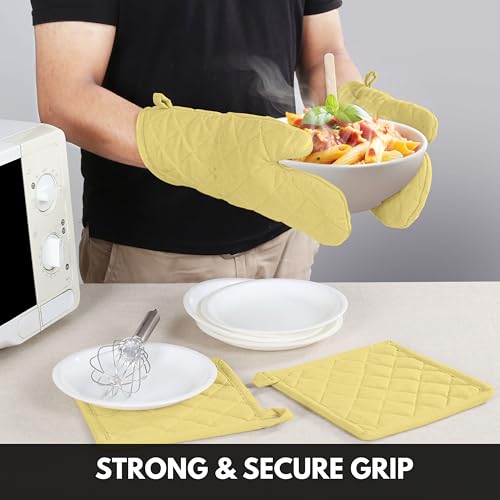 Oven Mitt (7"x13") & Pot Holder (8"x8") 100% Cotton Set of Heat Resistant Oven Gloves & Hot Pads for Gifts, BBQ, Cooking, Baking, Thanksgiving - Pale Yellow - color: Pale Yellow