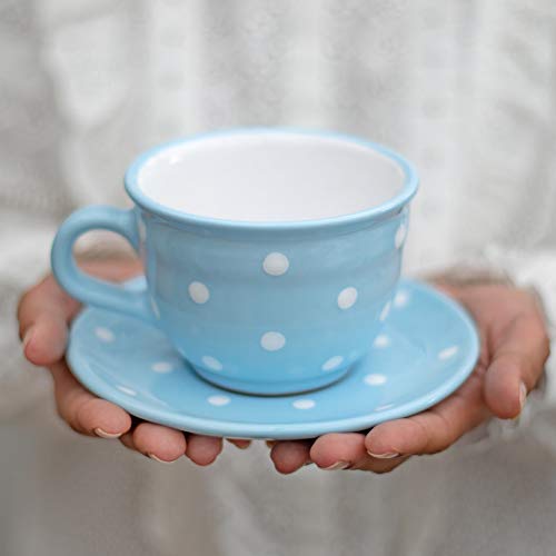 City to Cottage Handmade Light Sky Blue and White Polka Dot Large Ceramic 12oz/350ml Cappuccino Coffee Tea Cup and Saucer, Unique Designer Pottery Gift for Tea Lovers - color: Blue - 12oz (350ml)